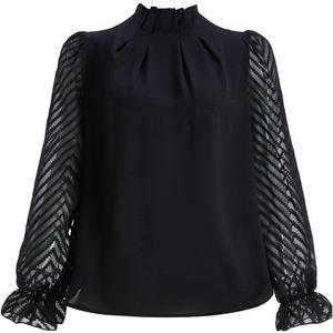 Women's Mesh Ruffle Long Sleeve Tops Fall Elegant Mock Neck Pleated Business Casual Blouses (Black, M)