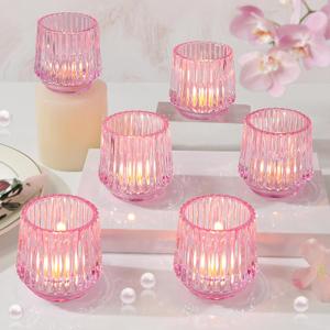 Large Pink Glass Votive Candle Holders 1 Piece, Ribbed Tealight Holders for Votives, Floating Candles Table Centerpieces Wedding Home Decor