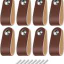uxcell 8 Packs Leather Drawer Pulls, Single Hole Leather Drawer Knobs Furniture Dresser Handles Pulls with Screws for Dressers Drawers Closet Kitchen Cupboard, Brown/Silver