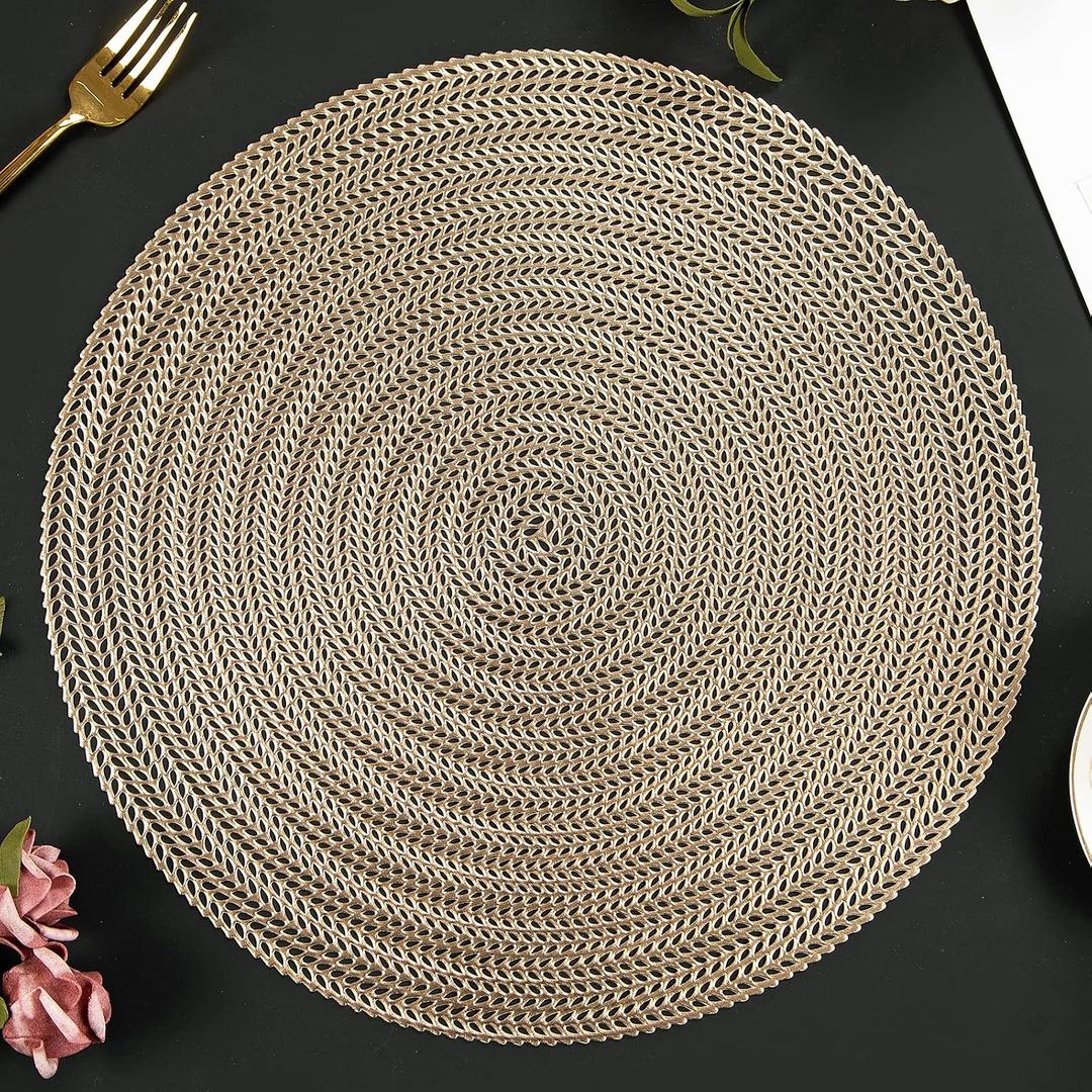 Round Placemats Set of 8, 15 Inch Vinyl Placemats Hollow Out Washable and Wipeable Gold Circle Place Mats Dining Table Mats for Anniversary Dinner Kitchen Decorations