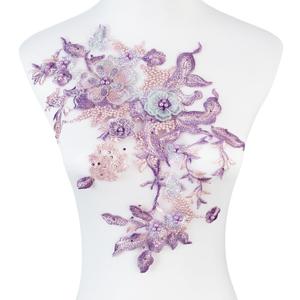 Silvora Colorful Flower Fabric Beaded Lace Applique,3D Embroidered Flower Fabric Patch for Bridal Dress, Handmade Sewing Tool for Wedding DIY Crafts(Purple-1)