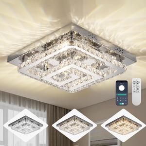 25" Crystal Chandelier with Remote/App Control, 3 Color Temperature Light Fixture & Brightness Adjustable, Modern Flush Mount LED Ceiling Light Fixture for Living Room Kitchen Hallway Dining Room