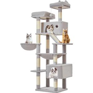 Taoqimiao Cat Tree 71-Inch, Cat Tower for Indoor Cats Large Adult, Multi-Level Large Cat Condo, 8 Sisal Scratching Posts, Metal Frame Cozy Hammock, Scratch Board, 2 Top Perches, Light Gray MS026LW
