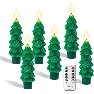 yunsheng 6Pcs Christmas Tree Candles with Remote Timer, Green Real Wax Flameless Taper Candles Flickering, 5 Inches Battery Operated LED Window Candle for Home Holiday Decor