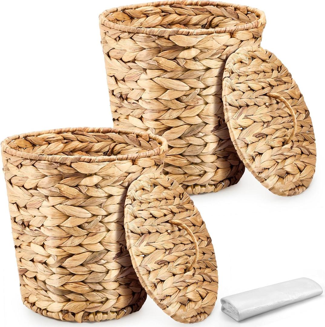 Ctosree 2 Pcs Wicker Trash Can Basket Woven Waste Basket with Lid Bathroom Wastebasket Garbage Bin with 100 Pieces of Trash Bags for Bedroom Farmhouse Home Office Kitchen(Medium) (Brown)