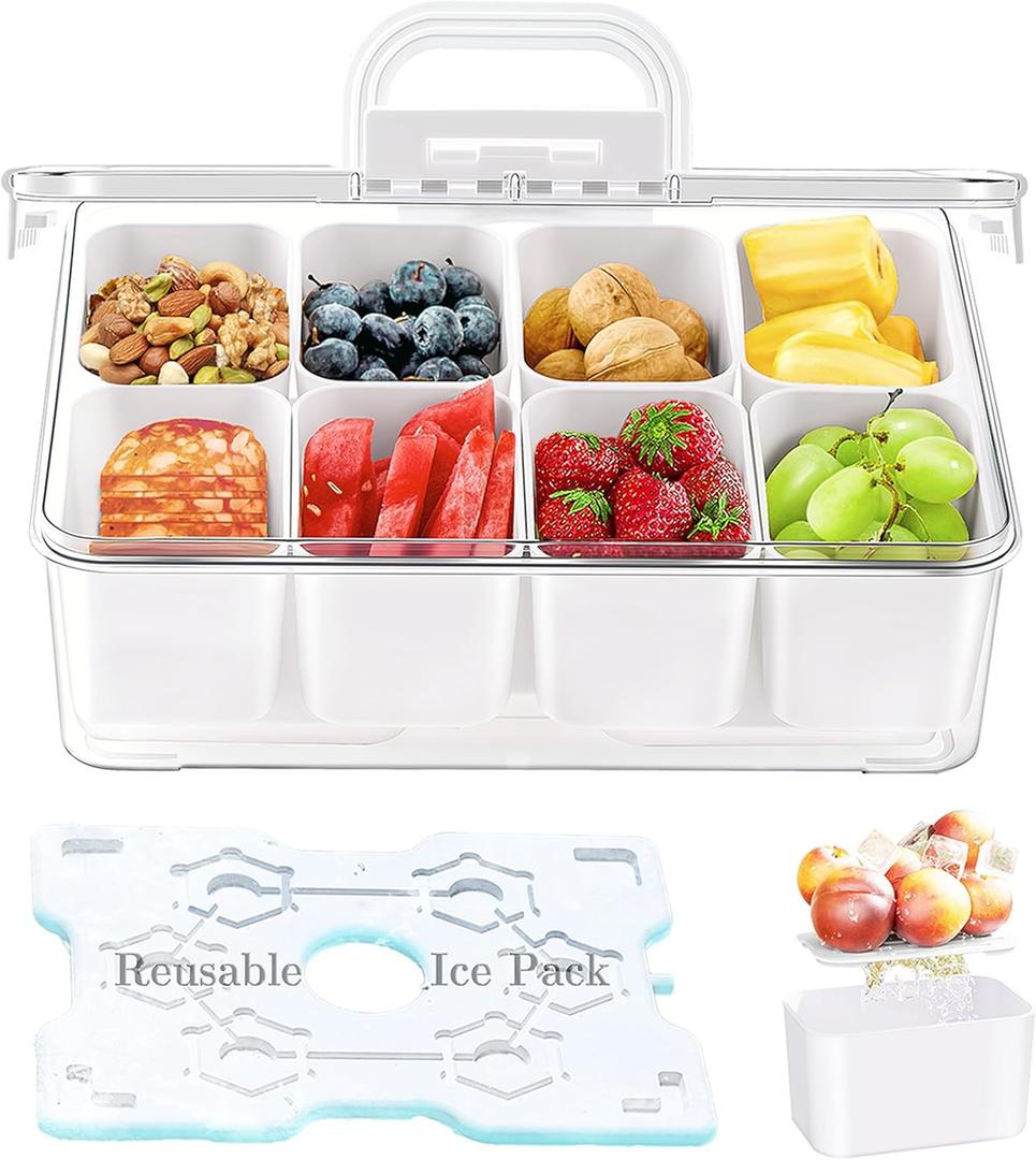 Portable Snackle Box Container with Ice Pack, Cooling Travel Charcuterie Box with Lid, Snack Cooler with Divided Serving Tray, with 8 Compartments & Drain Trays, for Outdoor Parties, Picinics