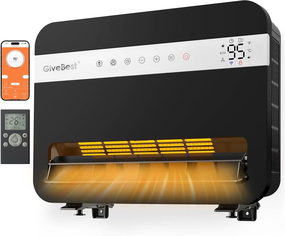Givebest-Wall-Heater-for-Indoor-Use, 1500W Electric-Space-Heater, 120Vertical Oscillation,Works with Alexa, Adjustable Thermostat, Remote Control, 24H Timer, Easy-mounted Heater for Indoor Use,Black