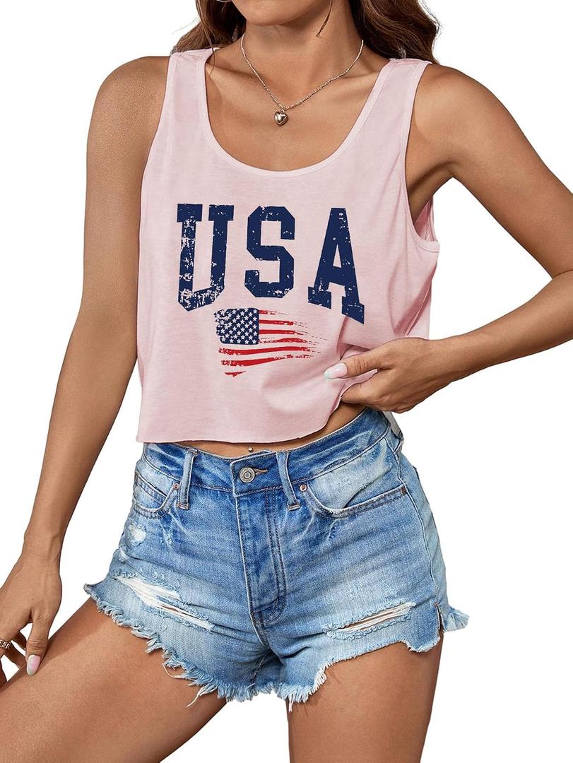 Women's 4th of July Outfits USA Shirts American Flag Crop Tops (Pink, XS)