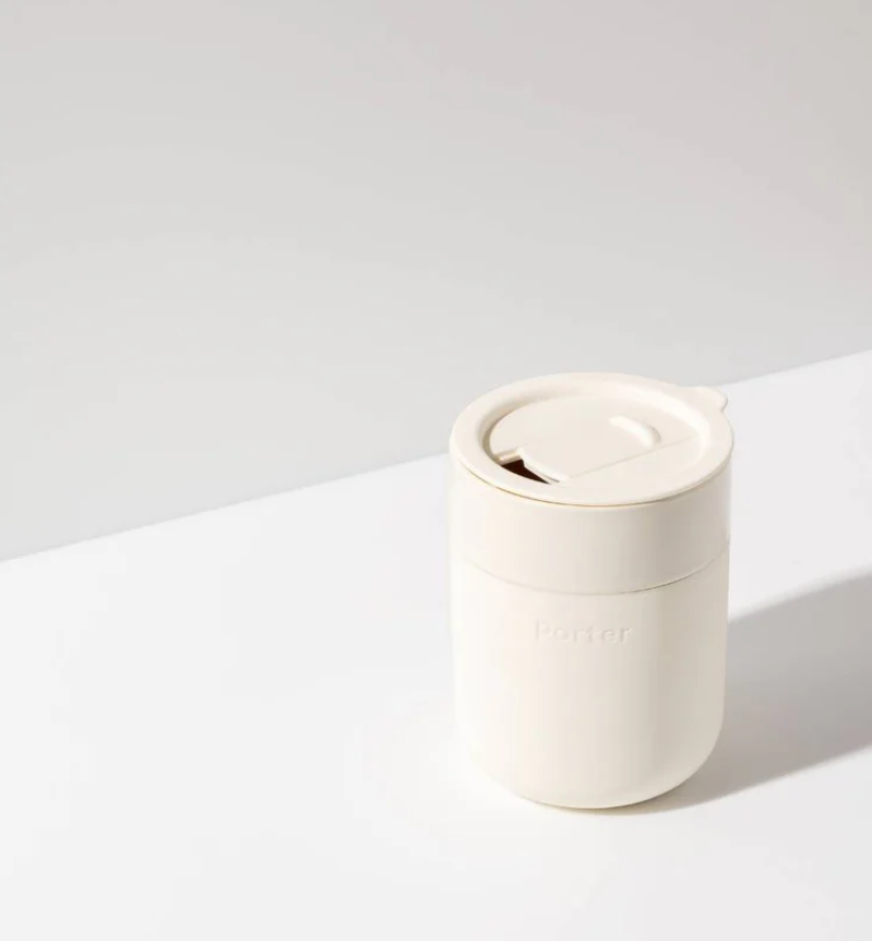 W&P Porter Ceramic Mug w/ Protective Silicone Sleeve, Cream 12 Ounces | On-the-Go | Reusable Cup for Coffee or Tea | Portable | Dishwasher Safe
