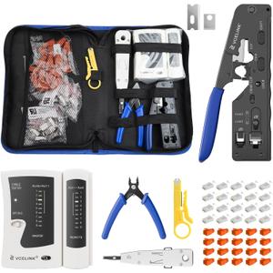 VCELINK RJ45 Crimp Tool, All-In-One Ethernet Pass Through Crimper for CAT7 CAT6A CAT6 CAT5e CAT5 Ethernet Connectors by Screw Adjustment (Kit-with Punch down Tool)