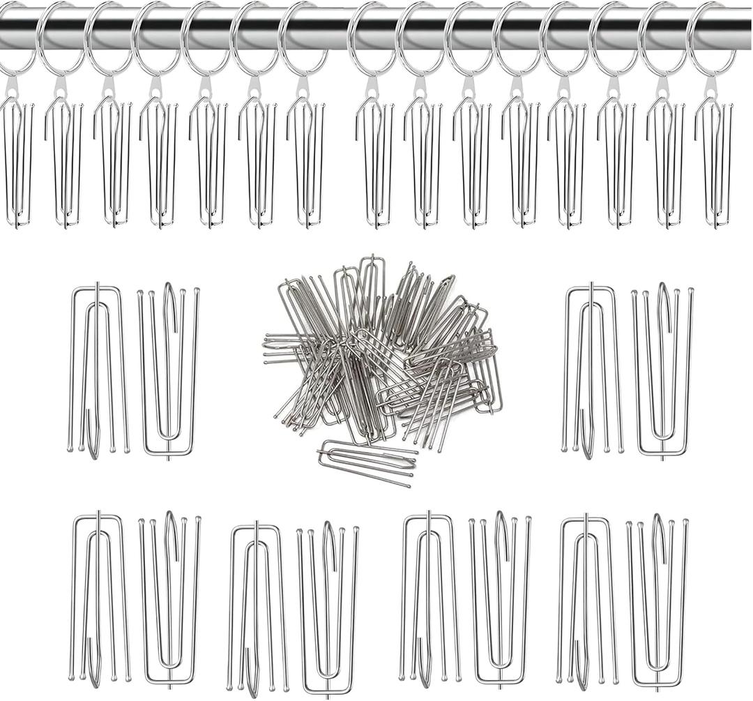 UrbanRed 60 PCS Strong Stainless Steel Pinch Pleat Curtain Hooks, Makes Pinch Pleated Curtains and Drapes for Three Standard Windows, 4 Prongs Pleated Tape Curtain Drapery, Curtain Pin Hooks