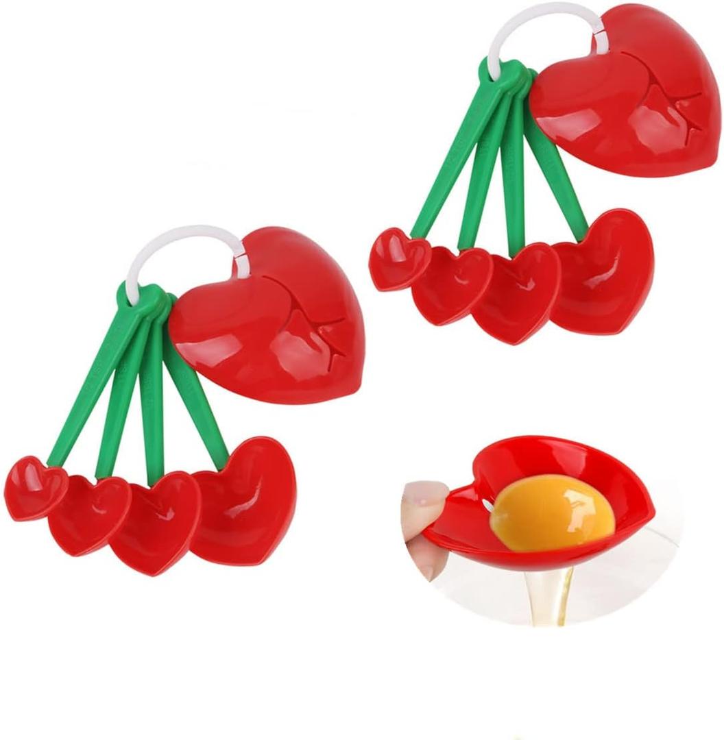 Cherry Measuring Spoons, 2PCS Plastic Cute Measuring Teaspoon, Heart Shape Plastic Measuring Spoons Set for Liquid, Dry Measuring, Cooking, Baking(Red, green)