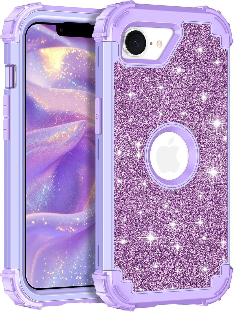 LONTECT for iPhone 16e Case Glitter Sparkly Bling 3 in 1 Shockproof Heavy Duty Hybrid Sturdy High Impact Protective Cover Case for Apple iPhone 16e 6.1 inch 2025,Purple