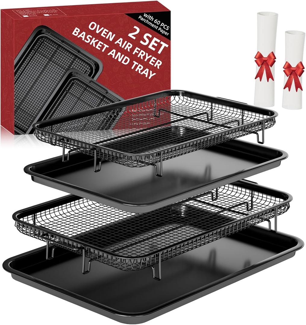 Air Fryer Basket for Oven, 2 Set Air Fryer Basket and Tray Set with 60 Sheets Parchment Papers,THORSES Stainless Steel NonStick Air Fryer Pan and Crisper Tray-Black Large15.711.6 & Medium12.8"8.9"