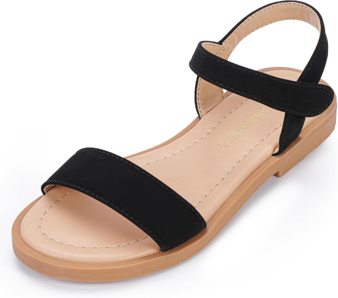 PANDANINJIA Gina Girls Sandals Open Toe Summer Flats Dress Sandals Shoes Toddler/Little Kid/Big Kid (Black Nubuck)