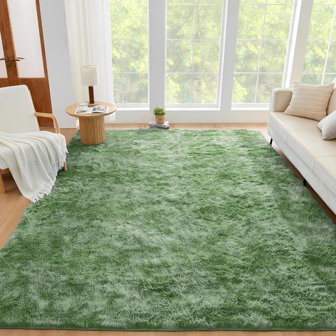 Litanika 4x6 Fluffy Shag Faux Fur Area Rug for Living Room Bedroom, Tie-Dyed Army Green High Pile Soft Plush Shaggy Furry Bedside Playroom Dorm Carpet, Non-Slip, Non-Shedding Modern Indoor Floor Rug