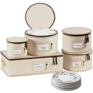 China Storage Hard Shell Containers 5-Piece Set Moving Boxes for Dinnerware, Glasses, Plates, Mugs and Saucers Sturdy Dish Organizer with Dividers for Seasonal Storage - Service for 12 - Beige Quilted
