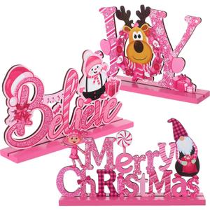 Blulu 3 Pcs Christmas Decorations Indoor Centerpieces for Tables Tabletop Wooden Signs Farmhouse Centerpieces Xmas Snowman Santa Claus Gnome Signs Merry Christmas for Xmas Holiday Party Decor(Pink)