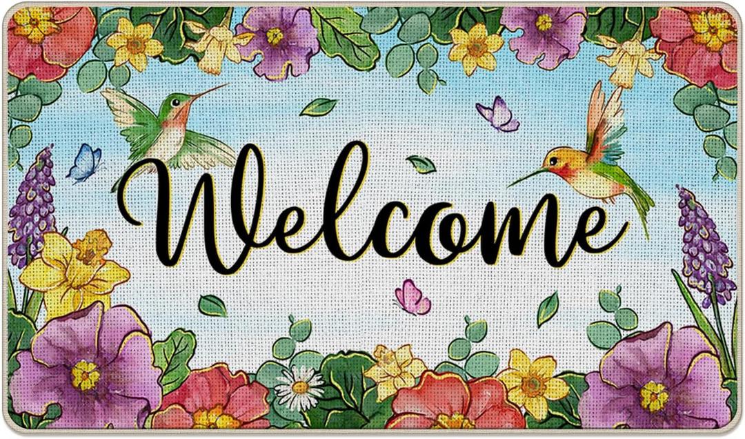 Welcome Spring Summer Flower Decorative Front Door Mat, Hummingbird Morning Glory Floral Doormat Indoor Outdoor Non-Slip Floor Entryway Rug, Daffodil Hyacinth Home Kitchen Decoration 17x29 Inch