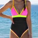 popvil One Piece Swimsuit for Women Tummy Control Bathing Suit V Neck Slimming Neon Color Block Swimwear (Black, L)