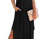 Summer Casual Maxi Dresses for Women Cap Sleeve Long Sundress with Pockets (Black, XXL)