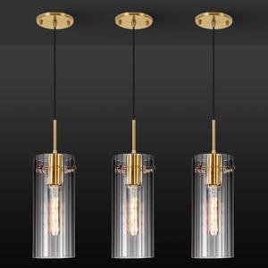Gold Pendant Light Fixtures, 3 Pack Modern Pendant Lighting with Clear Striped Glass Shade, Hanging Pendant Lights Kitchen Island, Farmhouse Pendant Lighting for Dining Room Bedroom Bathroom