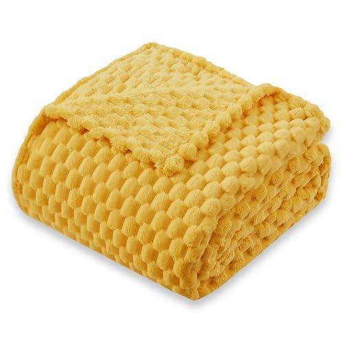 KORBLISS Super Soft Fleece King Size Blanket 90x102 Inches for Bed, Premium Silky with 3D Imitation Turtle Shell Jacquard Decorative Blankets, Lightweight and Cozy for Living Room, Yellow