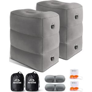 JefDiee Inflatable Travel Foot Rest Pillow, Kids Airplane Bed, Adjustable 3 Layers Height Leg Rest Pillow, Adults Travel Essentials Great for Airplane, Office, Home, Trains, Cars (Grey-2pack)