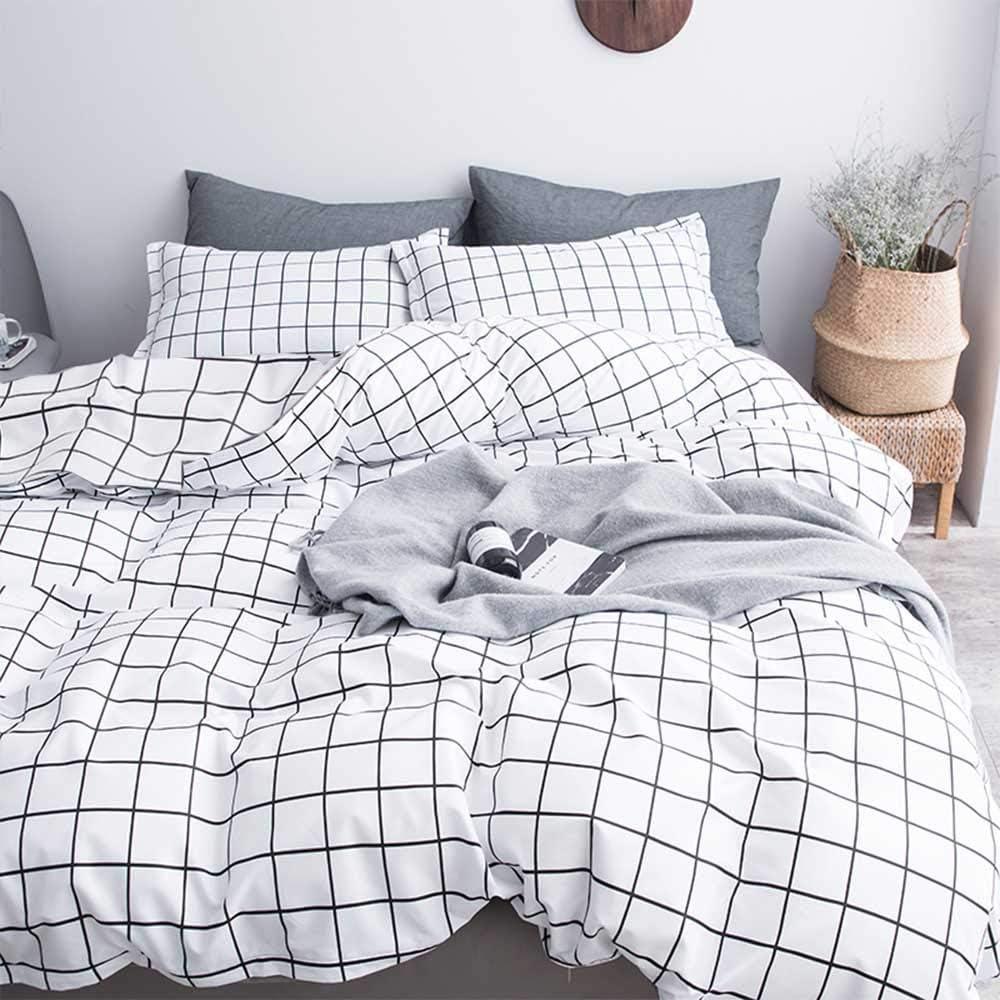 NANKO Queen Duvet Cover Set Grid, 90x90 Soft Bedding Cover, Luxury Cool Lightweight Microfiber 3pc Set (1 Cover 2 Pillowcase) with Zip,Tie - Modern Style Preppy Room Decor Bed Quilt Cover, Plaid White