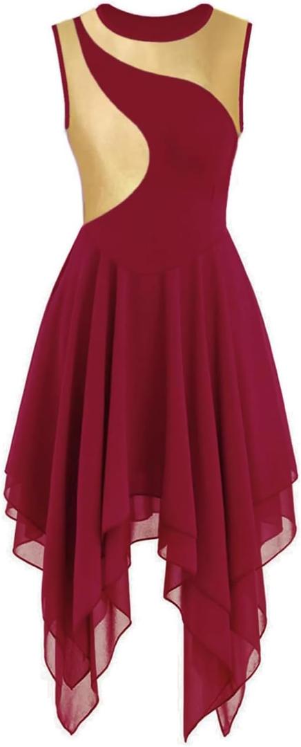 Praise Dance Tunic Dresses for Women Sleeveless Gold Color Block Irregular Flowy Skirt Worship Lyrical Dance Costume (Large, 038 Red)