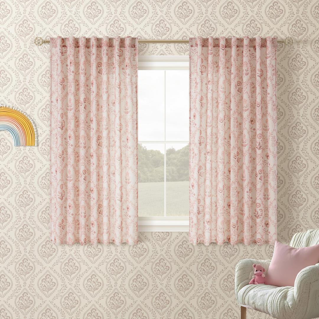 Pink Floral Linen Curtains 45 Inch Length 2 Panels Set Patterned Semi Sheer Girls Bedroom Back Tab Rod Pocket Farmhouse Boho Short Cute Dusty Pink Blush Kitchen Cafe Window Curtain Drapes 52x45