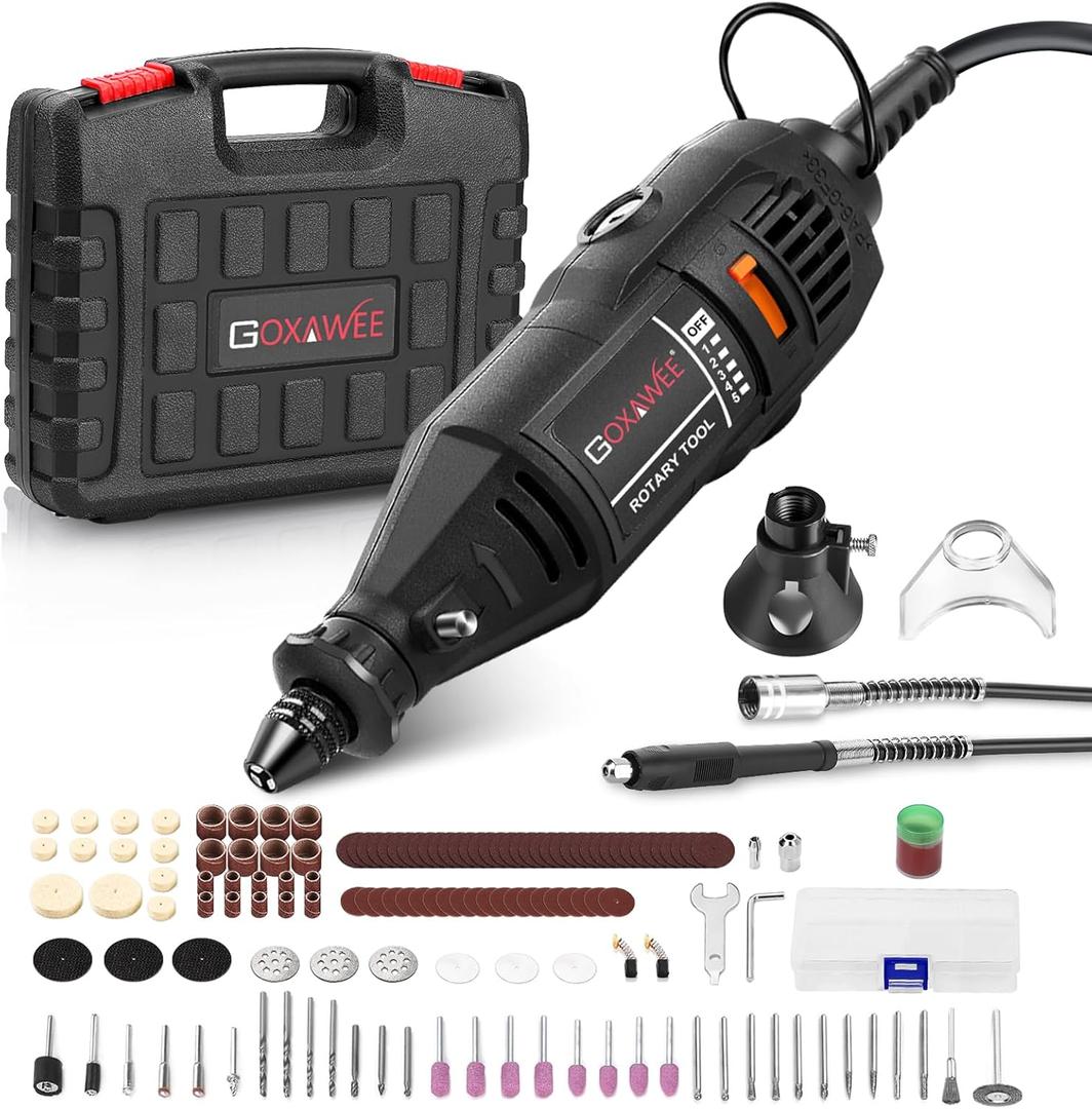 GOXAWEE Rotary Tool Kit with MultiPro Keyless Chuck and Flex Shaft -140pcs Accessories Variable Speed Electric Drill Set for Handmade Crafting Projects and DIY Creations (Black)