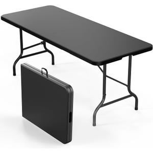Bonnlo Folding Table 6ft, Portable Collapsible Plastic Black Long Tables for Party, Camping, Banquet, Craft, Dining, Wedding, Outdoor and Indoor Use