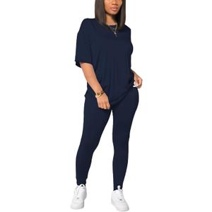 HBQ Women 2 Piece Outfits Summer Sweatsuits Drop Shoulder Tracksuits Biker Short Workout Jogger Sets (X-Large, Dark Blue)