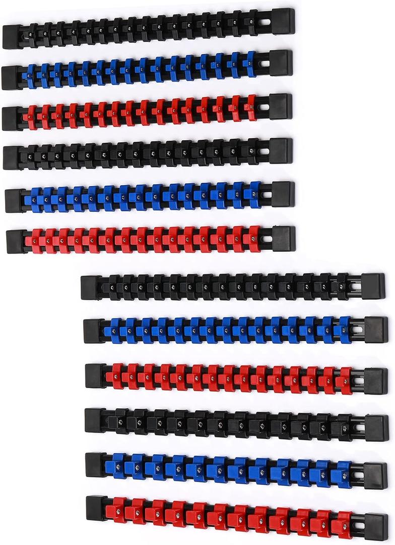 CASOMAN 12PC ABS Socket Organizer, Premium Quality Socket Holders,1/4-Inch x 48 Clips, 3/8-Inch x 90 Clips, 1/2-Inch x 36 Clips, Blue & Red & Black