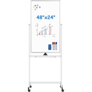 Magnetic Mobile White Board, 48 x 24 Double Sided Dry Erase Board Rolling Whiteboard Aluminum Frame Standing Whiteboard on Wheels