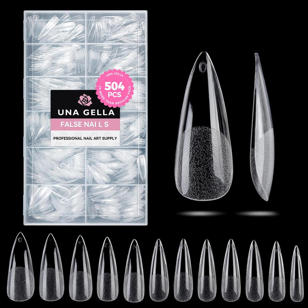 UNA GELLA Long Stiletto Nail Tips 504PCS, Full Cover Pre-Etched Long Stiletto Almond Clear Fake Nails Tips, Sturdy Acrylic Press on Nails, No C Curve Soft Gel Tip for DIY Nail Extension Kit 12 Sizes