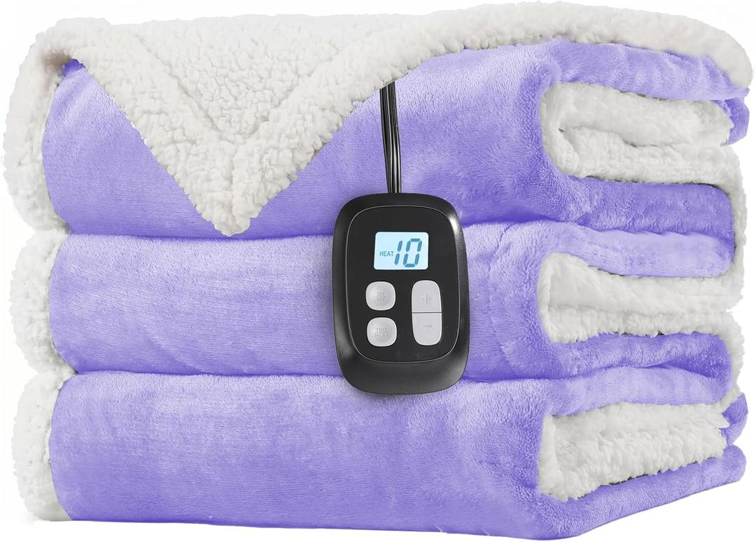 LaffyLo Electric Heated Blanket Full Size 72 x 84, Fast Heating Blanket, Dual-Sided Flannel Sherpa, 10 Heat Settings, 1-12 Hour Auto Off, Machine Washable, Light Purple