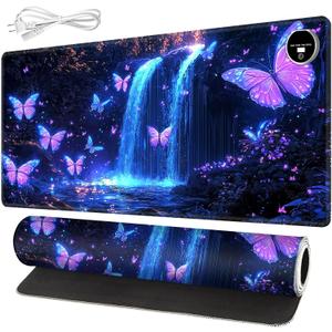 Warm Desk Pad,Heated Desk Pad Mouse Mat Gaming,with 3 Heating Levels & 3 Hours Auto Shut-Off,Leather 31.5" x 13" Foot Warmer Keyboard Office Mat,Glitter Butterfly