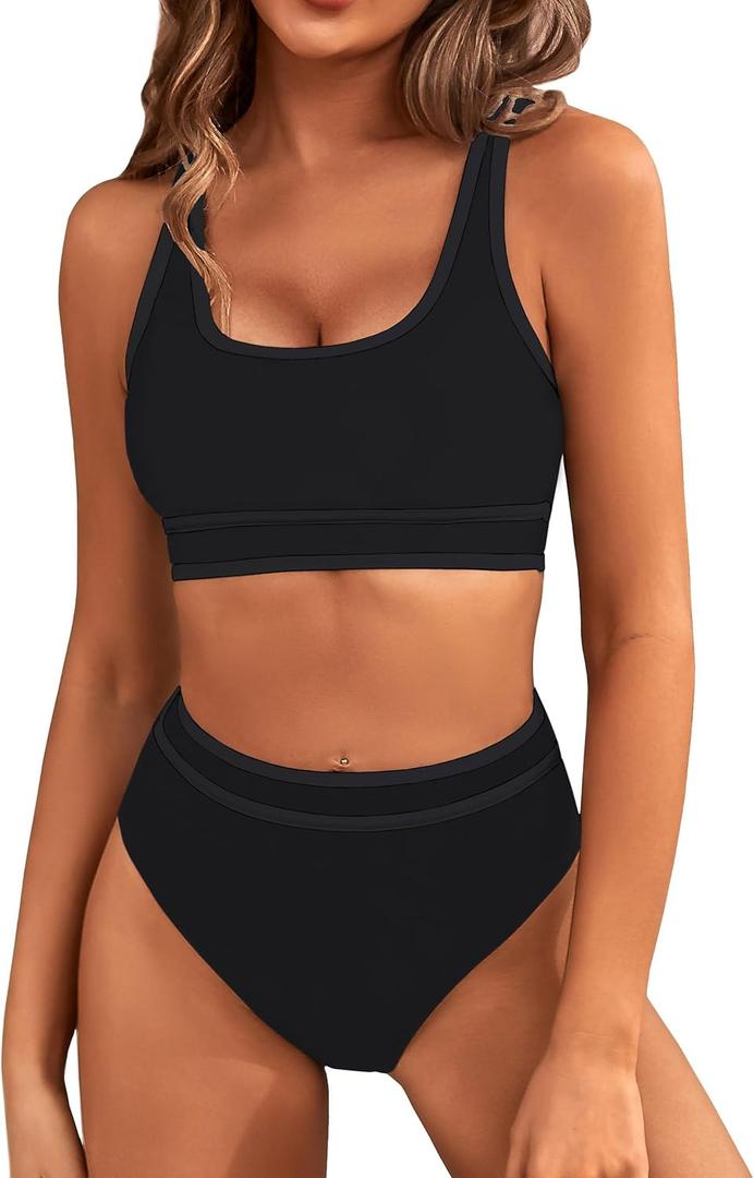 BMJL Women's High Waisted Bikini Sets Sporty Two Piece Swimsuits Color Block Cheeky High Cut Bathing Suits(XL, Solid Black)