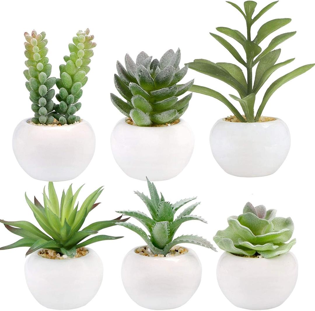 GREENTIME 6 Pcs Mini Artificial Succulents Plants in Ceramic Pots Small Fake Succulent Faux Plant Indoor Decor Bedroom Desk Bathroom Office Living Room Table Shelf Teacher Appreciation Green White