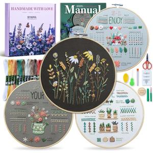 ETSPIL Embroidery Kit for Beginners, 4 Floral Patterns, Learn 33 Stitches, Pre-Printed Fabric, 7.8-Inch Hoop, Colored Threads and Needles, Easy Video Guide, DIY Hand Sewing Gift for Adults and Teens