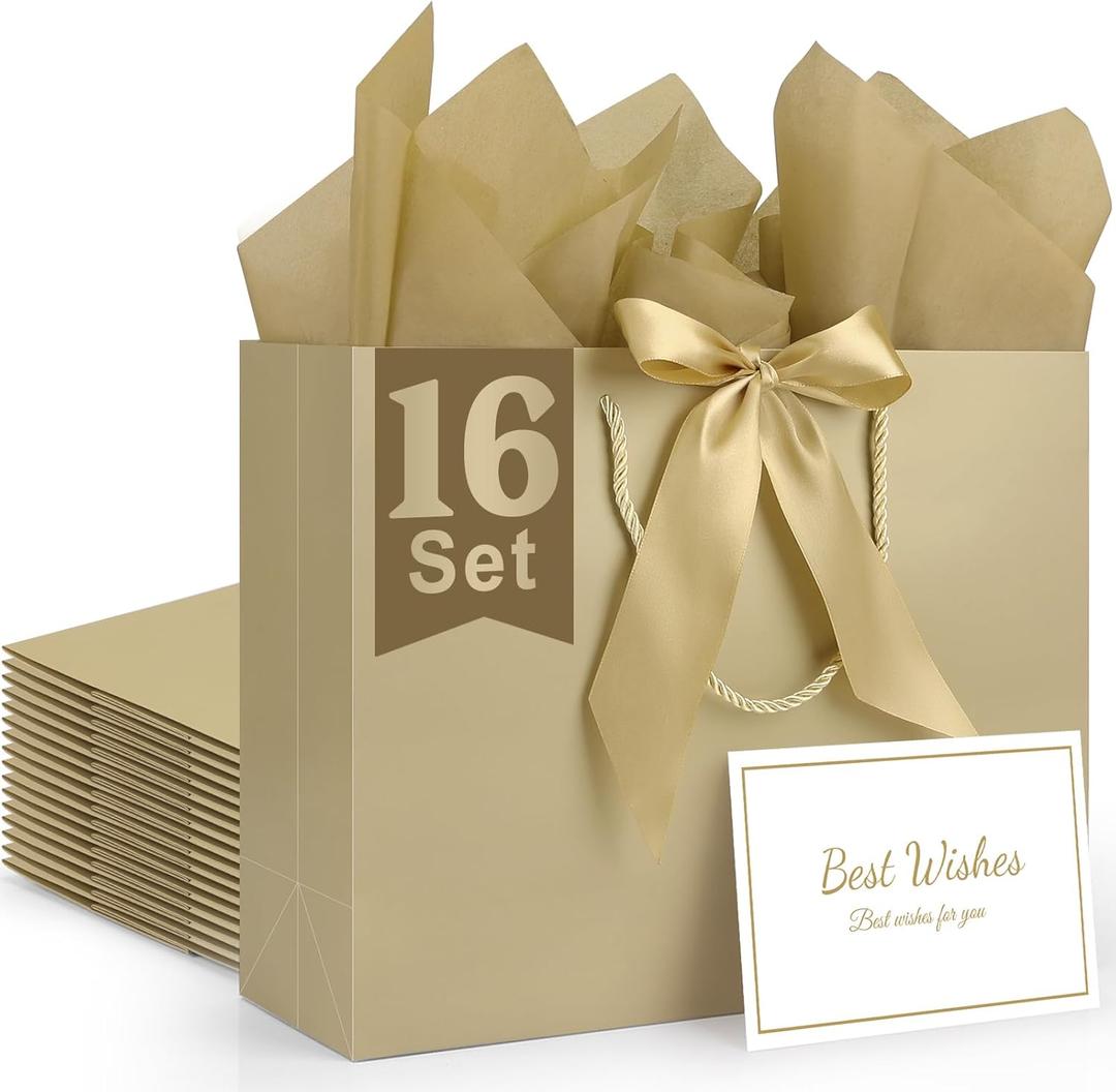 TUXIYA Gift Bag, 16PCS 12.6" x 9.8" x 4.3" Champagne Gift Bag with 16 Ribbon and 16 Greeting Cards 32 Tissue Paper, Large Gift Bags Wedding Gift Bags Present Bags for Birthday Valentines Party Birthday Mothers Day