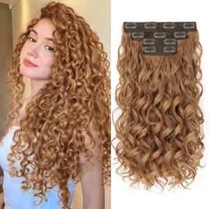 Curly Clip In Hair Extensions, 4PCS 20 Inch Medium Reddish Blonde Extensions Clip Ins, Lace Weft Short Curly Invisible Natural Hairpieces for Women