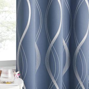 NICETOWN Stone Blue Blackout Curtains 54 inch Long Small Panels, 42 Inch Wide, Window Treatment Thermal Insulated Wave Line Foil Print Design Drapes for Kitchen, Cafe, Loft, Set of 2