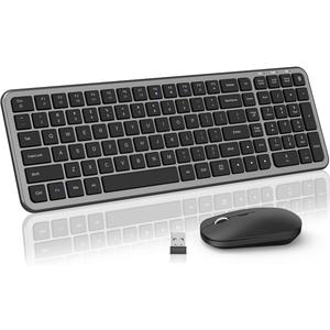 Wireless Keyboard Slim Compact Full Size Keyboard with Calculator Button, Silent Computer Mouse, Adjustable 2400 DPI, 2.4G USB Cordless Set Suitable for Laptop PC Windows Mac - Gray & Black