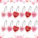 Threehoney 12 Pcs Valentines Shower Curtain Hooks 3 Styles Pink Red Conversation Heart Rustproof Hangers Hooks Decorative Love Heart Shape Curtain Rings for Bathroom Valentine's Day Wedding Decor