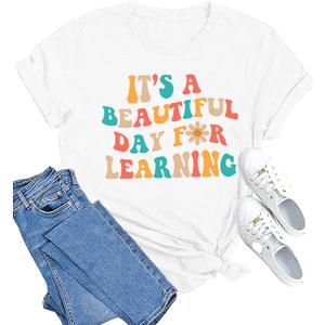 MAIHUN Women Teacher Life Shirt Teacher Gift Short Sleeve Shirts It s a Beautiful Day for Learning T-Shirt L