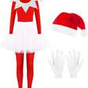 Hillban Christmas Elf Costume for Women Red White Xmas Outfit Female Halloween Party Cosplay(Red White, Large)