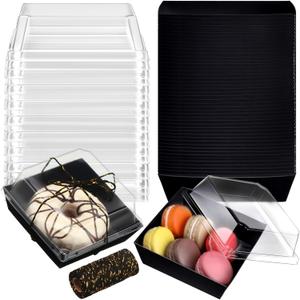 Jetec 50 Pack Charcuterie Boxes with Clear Lids and Rope 4 Inches Cake Disposable Square Dessert Food Box Containers with Lids for Bakery Macaron Cookies Strawberries Fruits Display (Black)